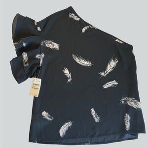 NEW! Trouve one shoulder black top with white feather design